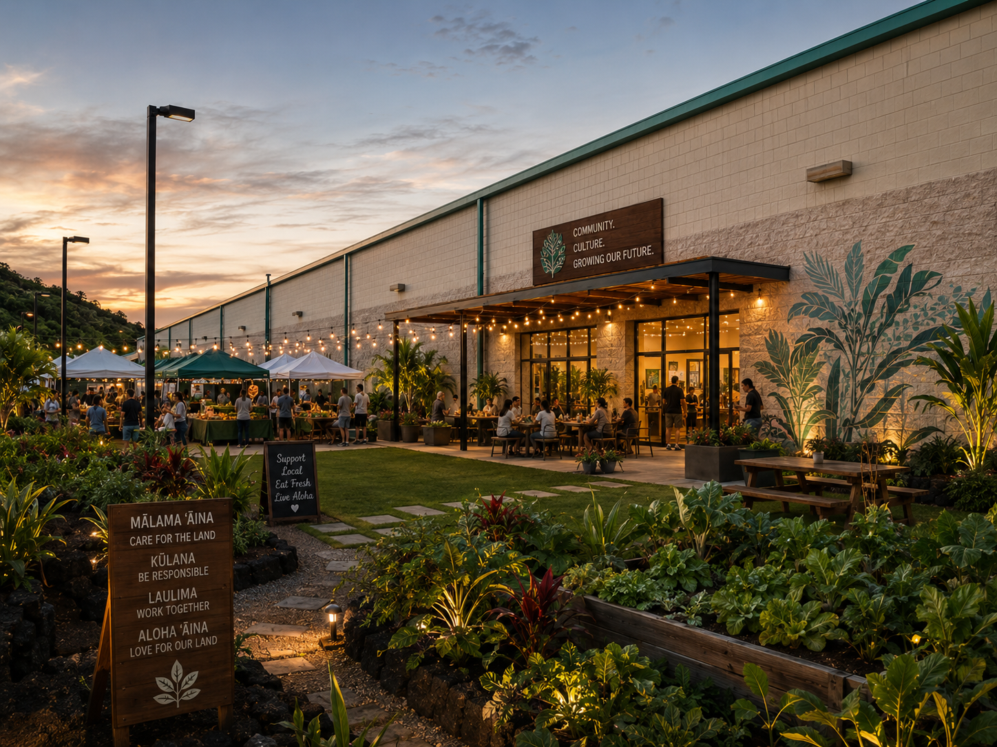 Concept image of a future Kaiāulu courtyard and community market at sunset