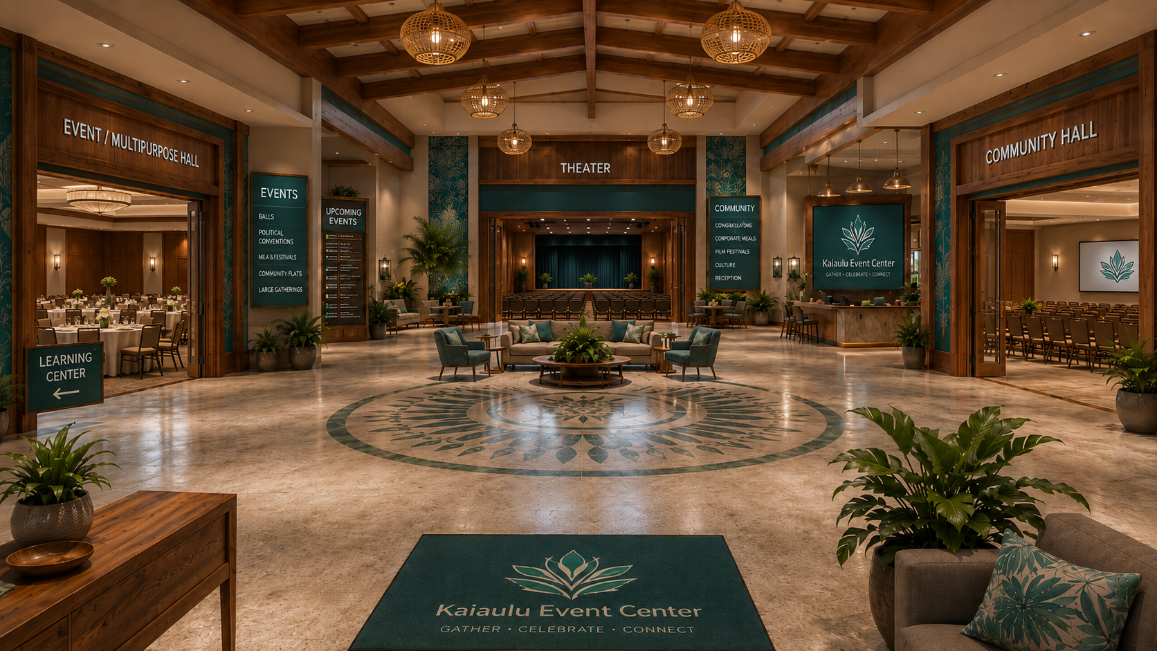 Concept image of a future Kaiāulu event center lobby and community hall