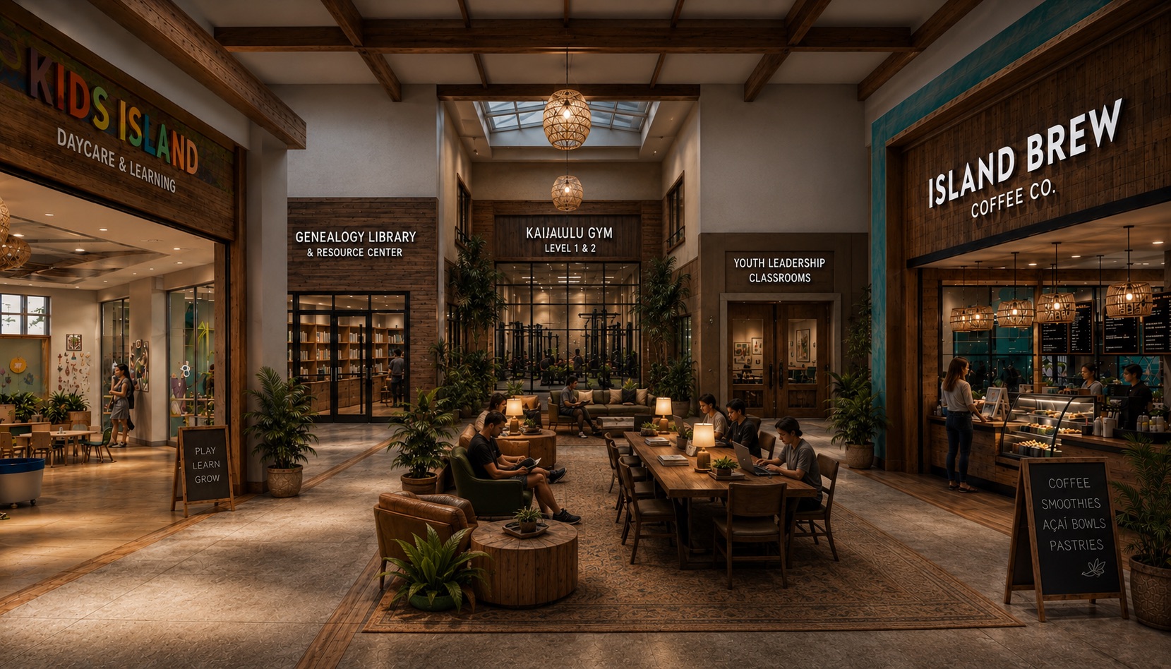 Concept image of a future Kaiāulu interior with daycare, library, gym, classrooms, and café